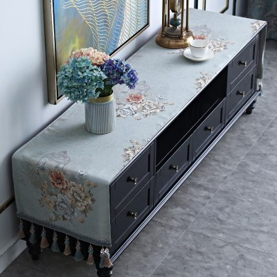 欧式电视柜桌布盖布清新花纹茶几梳妆台酒柜鞋柜餐边柜子桌旗长条 雅艺电视柜盖布 45*180cm(含吊穗尺寸在内)