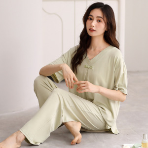 夏季莫代尔新款睡衣V 领短袖长裤套装女休闲简约家居服薄款可外穿