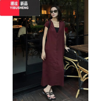 YIBUSHENG法式复古V领设计感短袖连衣裙女季洋气简约纯色宽松显瘦中长裙