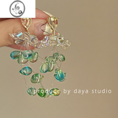 JiMi无尽夏 超仙法式绿色复古水晶流苏花朵耳环高级感小众设计ins耳钉