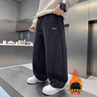 男童加绒裤子秋冬款新款大儿童装一体绒直筒阔腿裤灯芯绒冬装