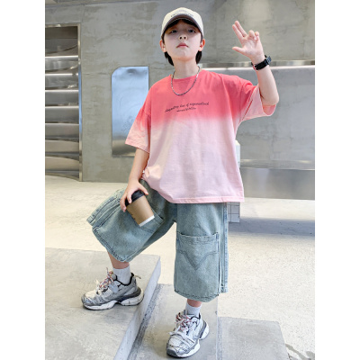 童装男童夏季短袖套装2025新款男大童渐变T恤儿童夏装牛仔裤穿搭
