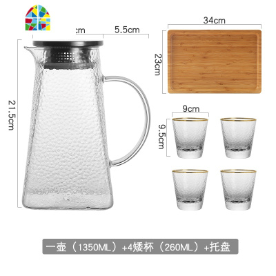 日式冷水壶玻璃水壶耐热防爆可高温家用凉水壶大容量加厚水杯套装 FENGHOU 锤纹1壶2矮杯