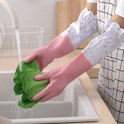 潘西洗碗手套秋冬季洗衣服防水耐磨厨房塑胶家务清洁橡胶手套新款—荷花袖单层均码1双