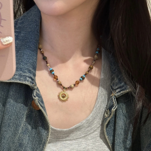 新中式天然石太阳花串珠项链复古锁骨链民族风高级感项饰2025新款送女朋友老婆情人节七夕生日礼物 均色