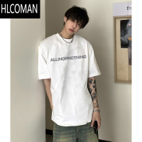 HLCOMAN美式复古高街字母短袖T恤男夏季时尚潮牌白色正肩宽松小领口上衣