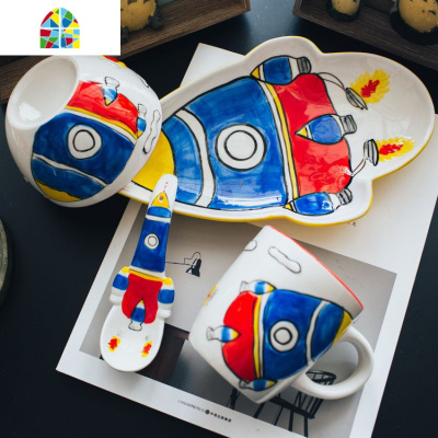 热卖日式景德镇创意陶瓷餐具可爱个性儿童碗家用套装碗碟米饭碗盘 FENGHOU 火车4件(碗盘勺杯)送筷子