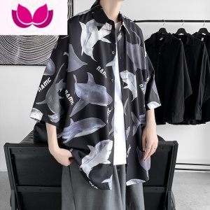 七斓校园衬衫男短袖夏季薄款小熊衬衣外套韩版设计感小众五分袖上衣潮
