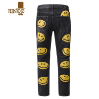 YANXU美式高街漏膝盖破洞牛仔裤男修身小脚流行笑脸印花国潮嘻哈长裤潮