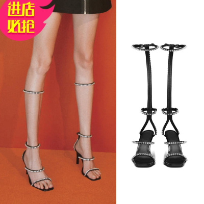 金三志欧美水晶钻长筒凉靴新品细带高跟露趾绊带一字扣带细跟时装女凉鞋凉鞋