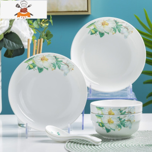 情侣2人碗碟套装单个饭碗筷碗勺可爱圆盘餐具套装陶瓷家用菜盘子 敬平 百合*2碗2盘2勺2筷