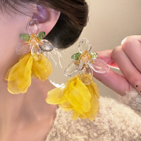 超仙耳环黄色雪纺花朵个性夸张耳饰耳钉耳坠2025新款度假旅游饰品送女朋友老婆情人节七夕生日礼物