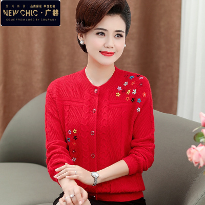 广赫妈妈绣花春秋开衫外套女针织短款早春毛衣外穿中老年宽松大码上衣夹克
