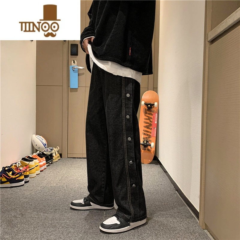 YANXU排扣牛仔裤男潮牌高街ins宽松直筒阔腿夏季长裤韩版潮流学生裤子