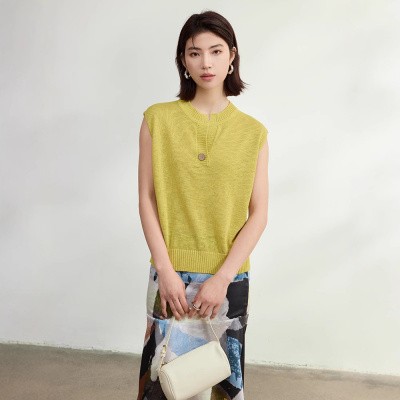 和纸纱纯色镂空针织衫女T恤夏季新款亨利领天丝罩衫宽松外穿上衣 姜黄 均码
