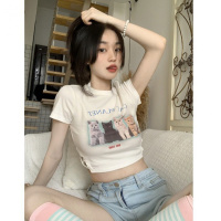 猫咪印花修身白色短袖T恤女夏季甜辣露脐短款学生打底上衣潮
