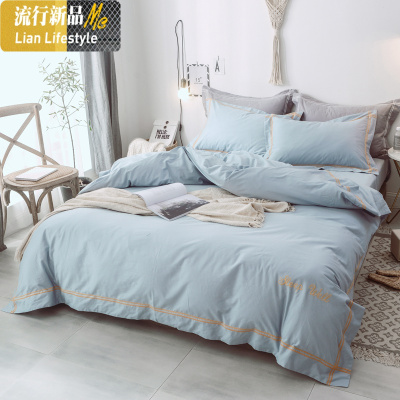 ins北欧风棉床上四件套棉网红款色床单三件套欧式被套简约 三维工匠