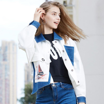 2018秋装新款白色宽松长袖街头撞色拼接学生牛仔外套女CYLLSD