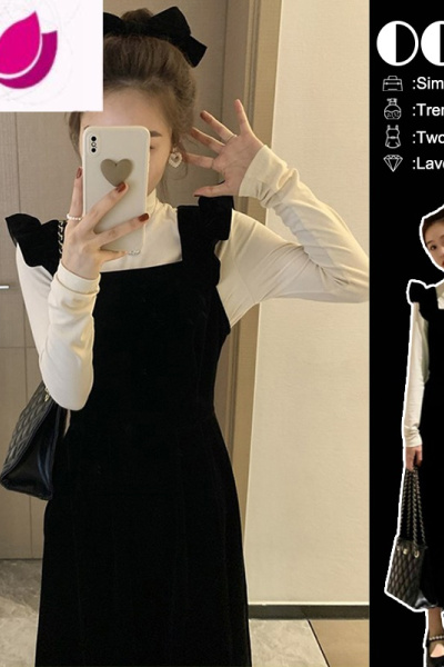 七斓春装2023年新款高级感套装丝绒吊带连衣裙子女春季背带裙