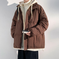 棉服假两件外套男士新款潮牌宽松面包服加厚保暖冬季纯色连帽棉衣