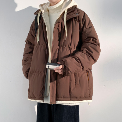 棉服假两件外套男士新款潮牌宽松面包服加厚保暖冬季纯色连帽棉衣