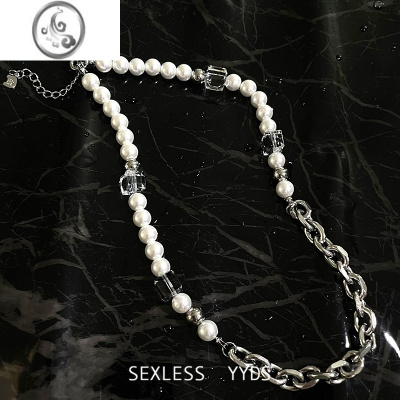 JiMiyyds 方型水晶珍珠项链2023年新款女轻奢小众ins嘻哈锁骨链男潮牌