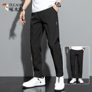 啄木鸟夏季冰丝休闲运动长裤男士新款潮牌百搭外穿透气直筒裤子男
