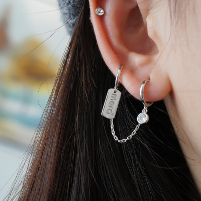 整体925银方形耳坠双耳洞耳骨钉耳圈纯银ins风送女朋友老婆情人节七夕生日礼物