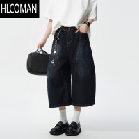 HLCOMAN美式丹宁牛仔短裤男夏潮牌拼接弯刀七分裤子高街复古刺绣阔腿长裤