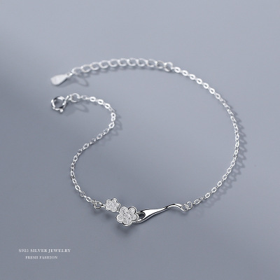 云小舒s925银女手链桃花枝可爱文艺清新花朵樱花手环中国风手饰潮送女朋友老婆情人节七夕生日礼物