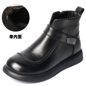 真皮加绒平底短靴女新款秋季真皮软底复古风舒适中年妈妈鞋