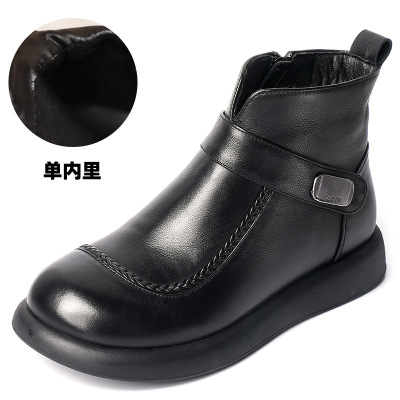 真皮加绒平底短靴女新款秋季真皮软底复古风舒适中年妈妈鞋