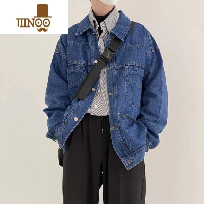 YANXU复古深蓝色牛仔外套男潮韩版宽松百搭翻领多口袋休闲工装夹克
