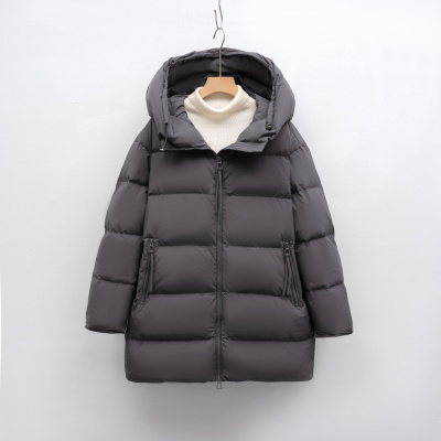 新白鸭绒纯色简约连帽羽绒服女宽松新款冬中长款加厚外套潮