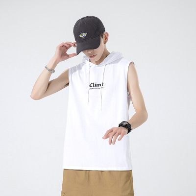 无袖T恤男夏季新款日系潮牌纯棉坎肩T恤连帽运动上衣男士_1