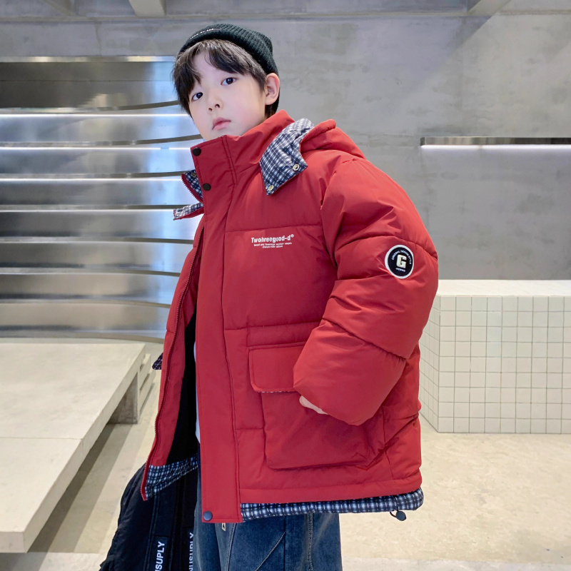 男童冬装羽绒棉服新款男孩加绒红色棉衣年服中大童棉袄冬季