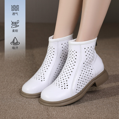 2026春夏镂空洞洞凉靴真皮厚底防滑圆头大码女靴复古软底妈妈短靴