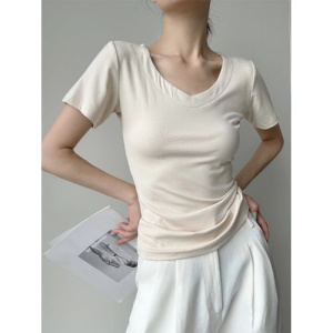 含棉 简约欧美基础款短袖T恤夏季修身短款正肩V领纯色韩版上衣潮