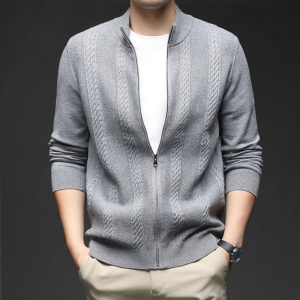 秋冬针织开衫时尚拉链加厚宽松休闲纯色男士毛衣外套