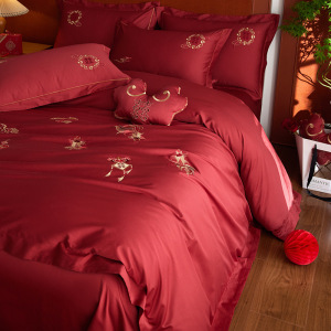 结婚庆新婚嫁丨红色四件套纯棉床单被套轻奢刺绣婚房陪嫁喜被床品