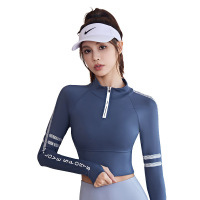 高弹裸感瑜伽服字母印花运动上衣修身速干夜跑骑行健身服