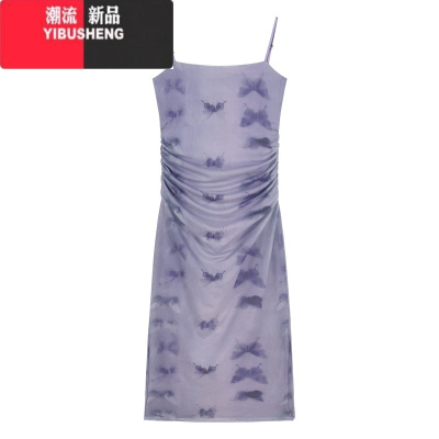 YIBUSHENG紫色蝴蝶印花吊带连衣裙女装季收腰褶皱包臀裙度假开叉中长裙子