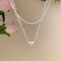 纯银粉色爱心路路通双层项链女款2025新款锁骨链轻奢高级感送女朋友老婆情人节七夕生日礼物