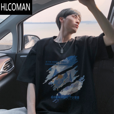 HLCOMAN潮牌字母印花短袖男夏季美式高街休闲上衣大码宽松半袖T恤