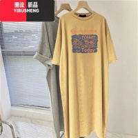 YIBUSHENG大码女装短袖t恤连衣裙子季上衣胖mm遮肚减龄显瘦过膝长裙