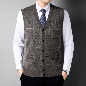 秋冬季新款开衫男士中老年爸爸休闲毛衣马甲v领无袖针织