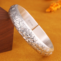 花开富贵银手镯女999纯银马蹄镯牡丹花复古实心开口民族风银镯子送女朋友老婆情人节七夕生日礼物