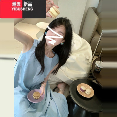 YIBUSHENG海边度假气质绝美花苞裙蓝色无袖背心连衣裙子长裙女季2024新款