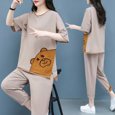 仙依琦夏季2021新款大码两件套宽松显瘦刺绣妈妈装运动休闲套装女夏胖MM1385