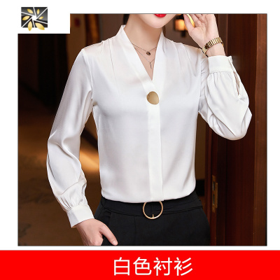 暖青汇缎面衬衫女长袖春季穿搭设计感小众上衣高端时尚气质绿色v领衬衣衬衫